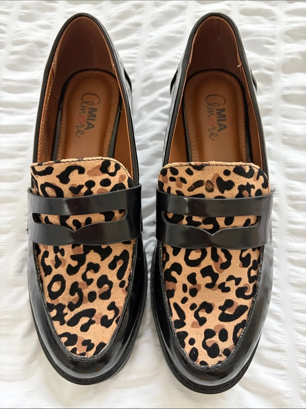 Mia Amore Black Patent Vegan Loafers with Leopard Print and Lug Style Sole. NEW!